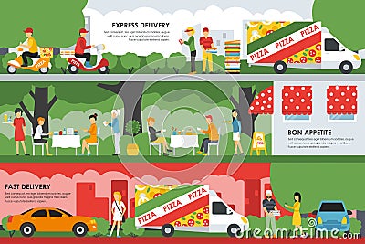 Fast, Express Delivery and Bon Appetite flat concept web vector illustration. Pizzeria Bistro interior presentation. Vector Illustration