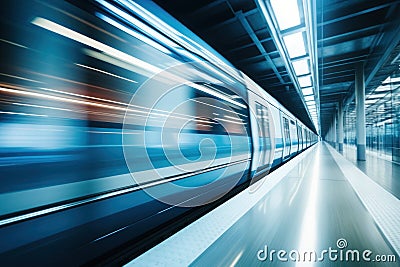 Fast express passenger train, futuristic conceptual technology on high speed railway. Generative AI Stock Photo