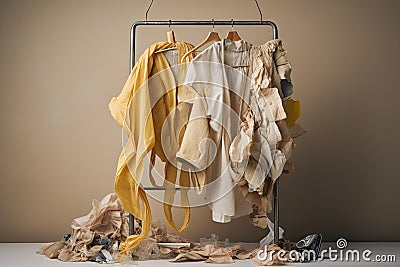 fast-fashion garment on hanger surrounded by plastic, paper, and cardboard waste Stock Photo