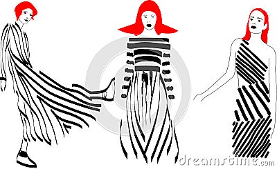 Fast fashion sketch with girl in stripes dresses vector Vector Illustration