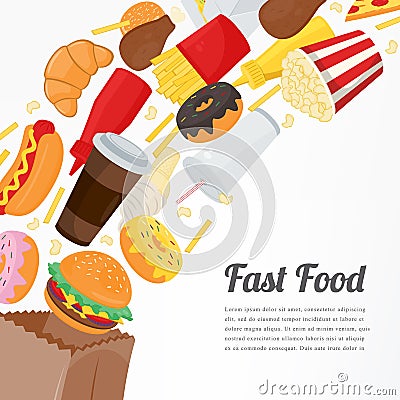 Fast food background with colorful food icons. Tasty food concept. Vector Vector Illustration