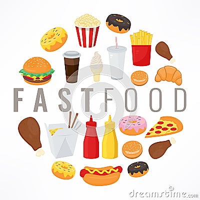 Fast food background with colorful food icons. Tasty food concept. Vector Vector Illustration