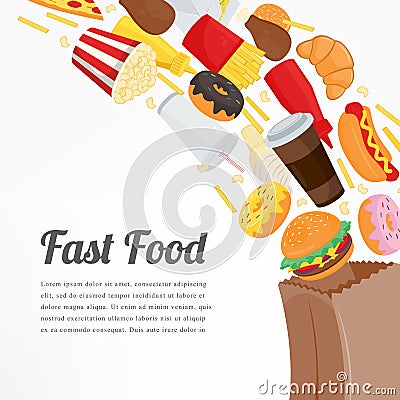 Fast food background with colorful food icons. Tasty food concept. Vector Vector Illustration