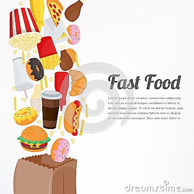 Fast food background with colorful food icons. Tasty food concept. Vector Vector Illustration
