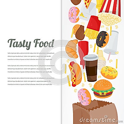 Fast food background with colorful food icons. Tasty food concept. Vector Vector Illustration