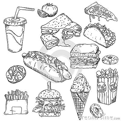 Fast food background. Snack collection. Junk food. Vector illustration, wallpaper, backdrop. Vintage hand drawn sketch Vector Illustration