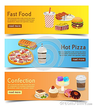 Fast food banners for order delivery online. set of burgers, pizza and desserts. Vector Illustration