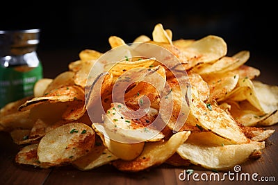 Fast food bliss thin sliced, deep fried potato chips, spicy BBQ seasoning Stock Photo