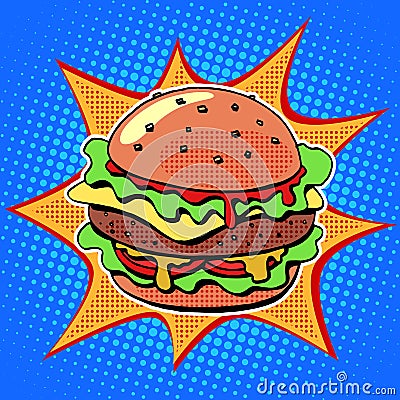 Fast food Burger with sesame meat salad and cheese Vector Illustration