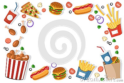 Fast food burgers, fries, hot dogs lies in a frame on a white. The view from the top. Vector Illustration