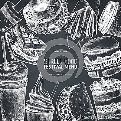 Street food festival menu. Vintage sketch collection. Fast food set. Engraved style design. Vector drink drawing on chalkboard Stock Photo