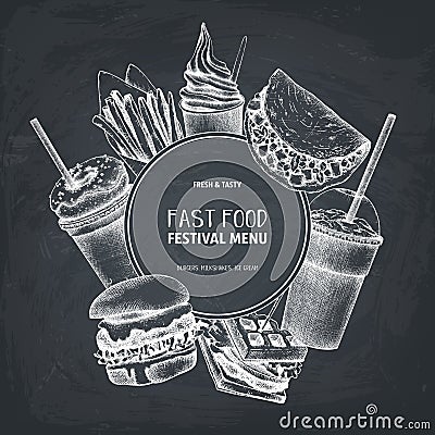 Fast food art. Engraved style design with vector drawing for logo, icon, label, packaging, poster. Street food festival menu with Cartoon Illustration