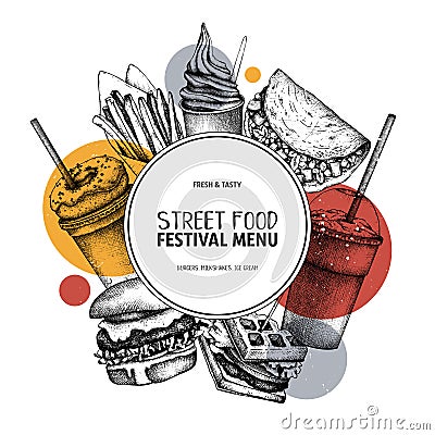 Fast food art. Engraved style design with vector drawing for logo, icon, label, packaging, poster. Street food festival menu with Cartoon Illustration