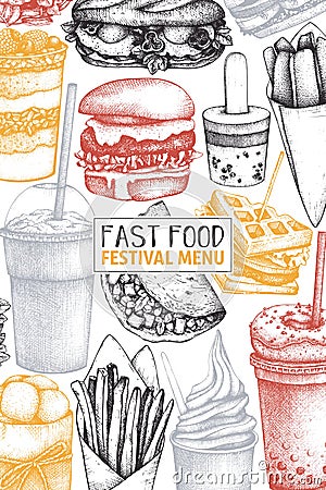 Vintage design for fast food restaurant. Vector street food menu template with hand drawn burger, milkshake, ice cream, fries, cof Cartoon Illustration