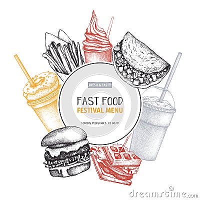 Fast food art. Engraved style design with vector drawing for logo, icon, label, packaging, poster. Street food festival menu with Cartoon Illustration