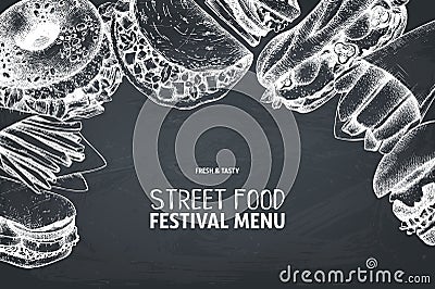 Street food and drinks festival menu with vintage illustrations. Fast food engraved style design with vector drawing for logo, ico Cartoon Illustration