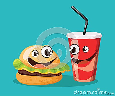 Fast food cartoon characters with cute smiling faces Vector Illustration