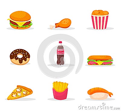 Fast food cartoon color vector illustrations set Vector Illustration