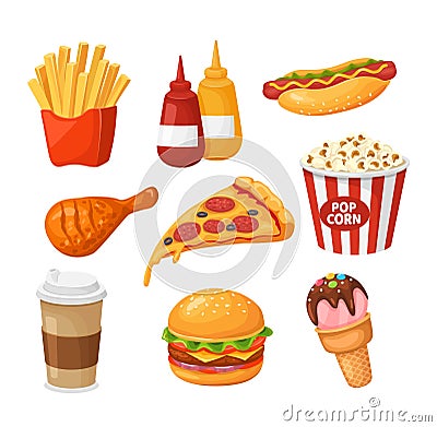 Fast food. Cartoon french fries, ketchup and hot dog, chicken and pizza, coffee and burger, popcorn and ice cream Vector Illustration