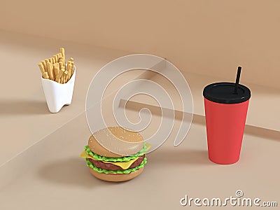 Fast food cartoon style hamburger set on abstract cream scene with red cup french fries 3d rendering Stock Photo