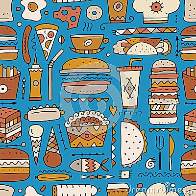 Fast food collection. Hamburger pizza sausages snacks sandwich ice cream. Food menu, seamless pattern for your design Vector Illustration