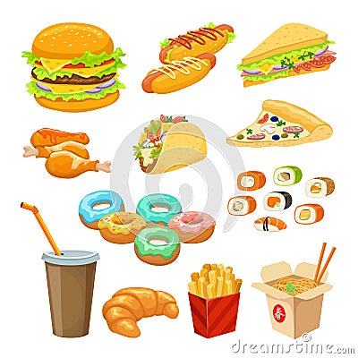 Fast Food Colorful Objects Set Vector Illustration