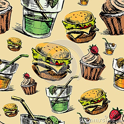 Fast food colorful seamless pattern Vector Illustration