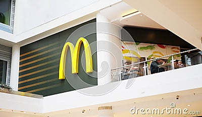 Mcdonald`s in the mall. Sign Editorial Stock Photo