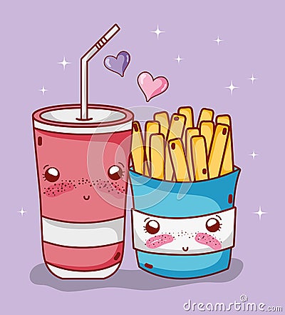 Fast food cute french fries and plastic cup soda straw love cartoon Vector Illustration
