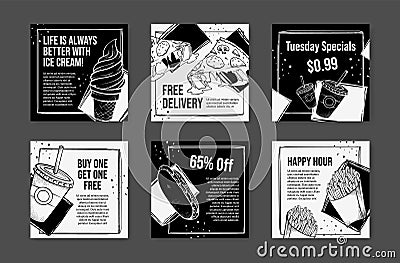 Fast food deal sale discount promo black and white sketch engraved poster set vector illustration Vector Illustration