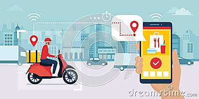 Fast food delivery app and delivery man Vector Illustration