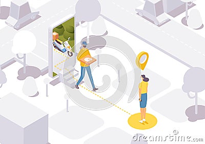 Fast food delivery isometric. Order pizza at mobile application. 3d concept illustration Cartoon Illustration