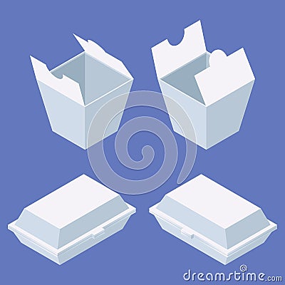 Fast food delivery package set for western and chinese food. White boxes isometric in various foreshortening Stock Photo