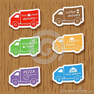 Fast food delivery trucks stickers Vector Illustration