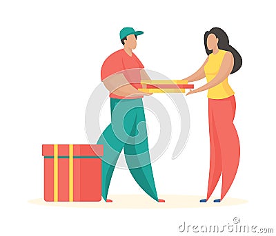 Fast food delivery. Uniformed courier hands pizza boxes to girl Vector Illustration