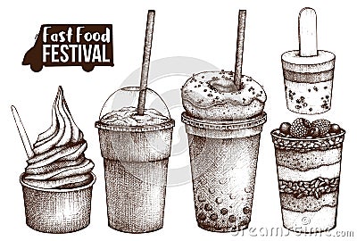 Street food festival menu. Vintage sketch collection. Fast food set. Engraved style design. Vector desserts drawing. Stock Photo