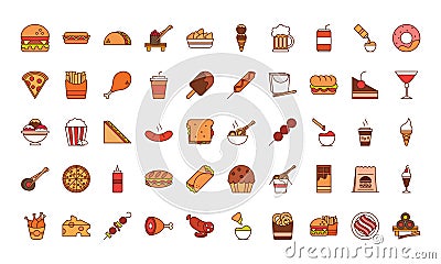 Fast food dinner and menu, tasty meal and unhealthy, restaurant lunch icons set line and fill style Vector Illustration