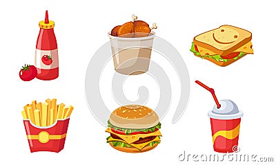 Fast Food Dishes Set, Ketchup Bottle, Drumstick, Sandwich, French Fries, Hamburger, Soda Drink Vector Illustration Vector Illustration