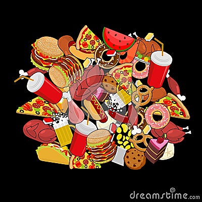 Fast Food doodle. many feed. Pile sign of meat. Pizza and tacos. Vector Illustration