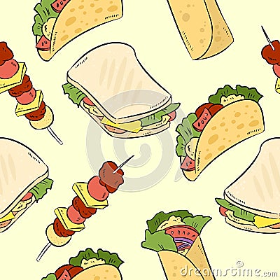 Fast food doodles cute seamless pattern. Vector print Vector Illustration