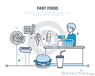 Fast food. Eating, drinks. Cashier with cash register in premise. Vector Illustration