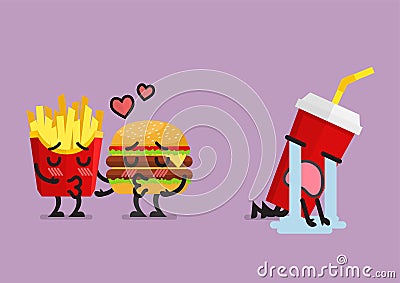 Fast food fall in love kissing with heartbroken soft drink Vector Illustration