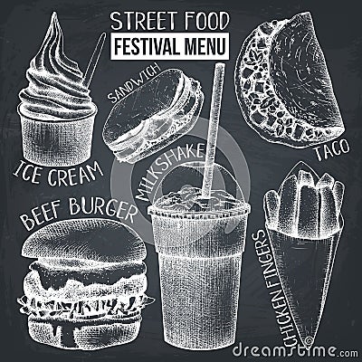 Street food festival menu. Vintage sketch collection. Fast food set on chalkboard. Vector ice cream, burger, milkshake, chicken fi Stock Photo
