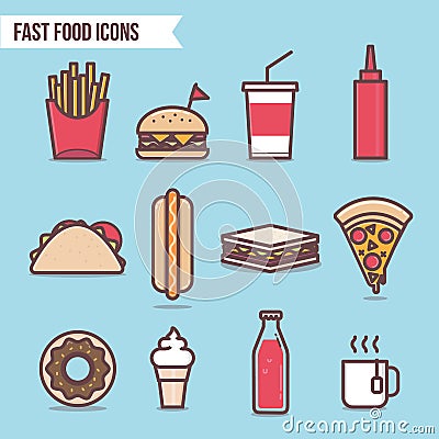 Fast food flat design elements and icons set vector. Pizza, Hot Dog, Hamburger, Tacos, Ice cream, Cola and Donut Vector Illustration