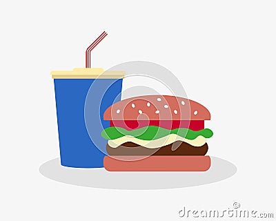 Fast food flat design vector. Burger and drink Vector Illustration