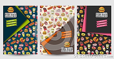 Fast food flyer set. Poster template for a magazine advertisement page, menu, cover. Brochure design concept. Vector Illustration