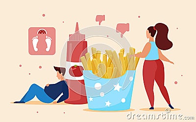 Fast food french fries, overeating concept with fat people Vector Illustration