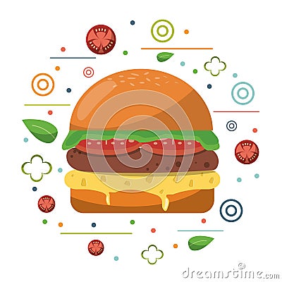 Fast food hamburger cheese tomato lettuce poster Vector Illustration