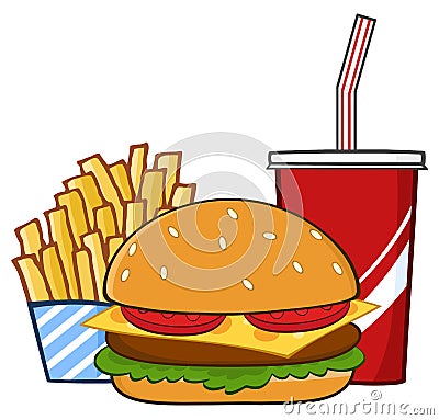 Fast Food Hamburger Drink And French Fries Cartoon Drawing Simple Design. Vector Illustration