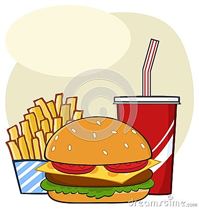 Fast Food Hamburger Drink And French Fries Cartoon Drawing Simple Design. Vector Illustration